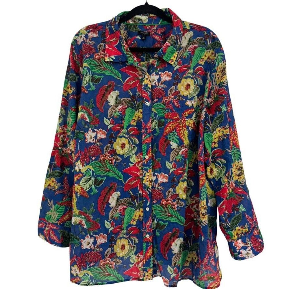 Talbots 3X Tropical Floral Button Down Shirt 100% Cotton Blue Multicolor Coastal
